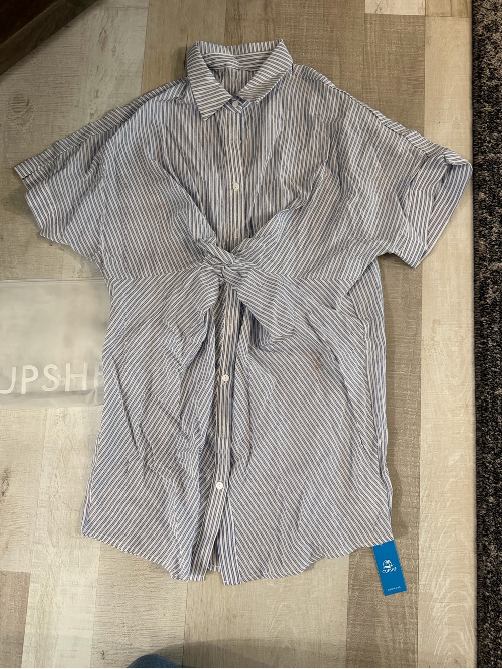 Cupshe Blue & White Striped Tie-Front Short Sleeve Coverup